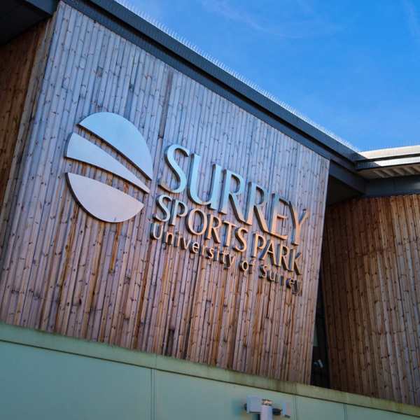 Surrey Sports Park signage above the main entrance